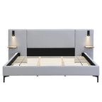 Cama con plataforma de lino gris con luces y estantes, Queen, 2 personas