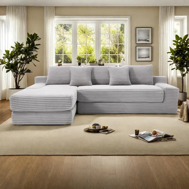 Sofá Cama Seccional Esquinero de Pana (Gris Claro / Naranja / Negro) – Convertible, Asientos para 3+