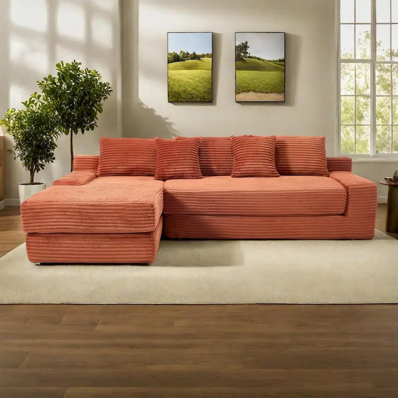 Sofá Cama Seccional Esquinero de Pana (Gris Claro / Naranja / Negro) – Convertible, Asientos para 3+