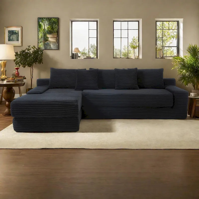 Sofá Cama Seccional Esquinero de Pana (Gris Claro / Naranja / Negro) – Convertible, Asientos para 3+
