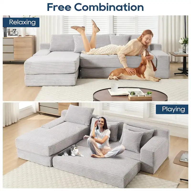 Sofá Cama Seccional Esquinero de Pana (Gris Claro / Naranja / Negro) – Convertible, Asientos para 3+