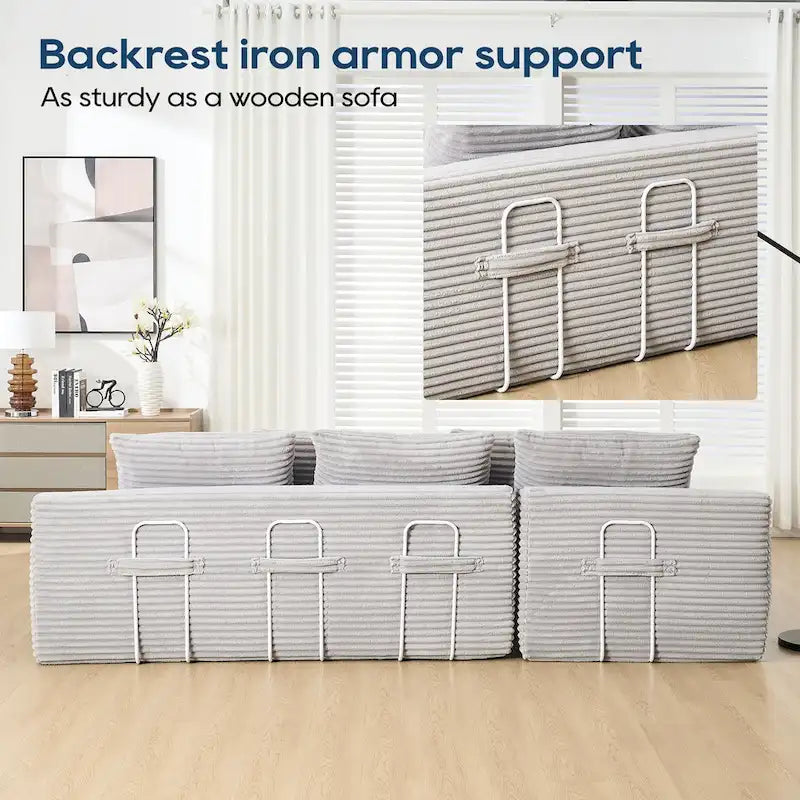 Sofá Cama Seccional Esquinero de Pana (Gris Claro / Naranja / Negro) – Convertible, Asientos para 3+