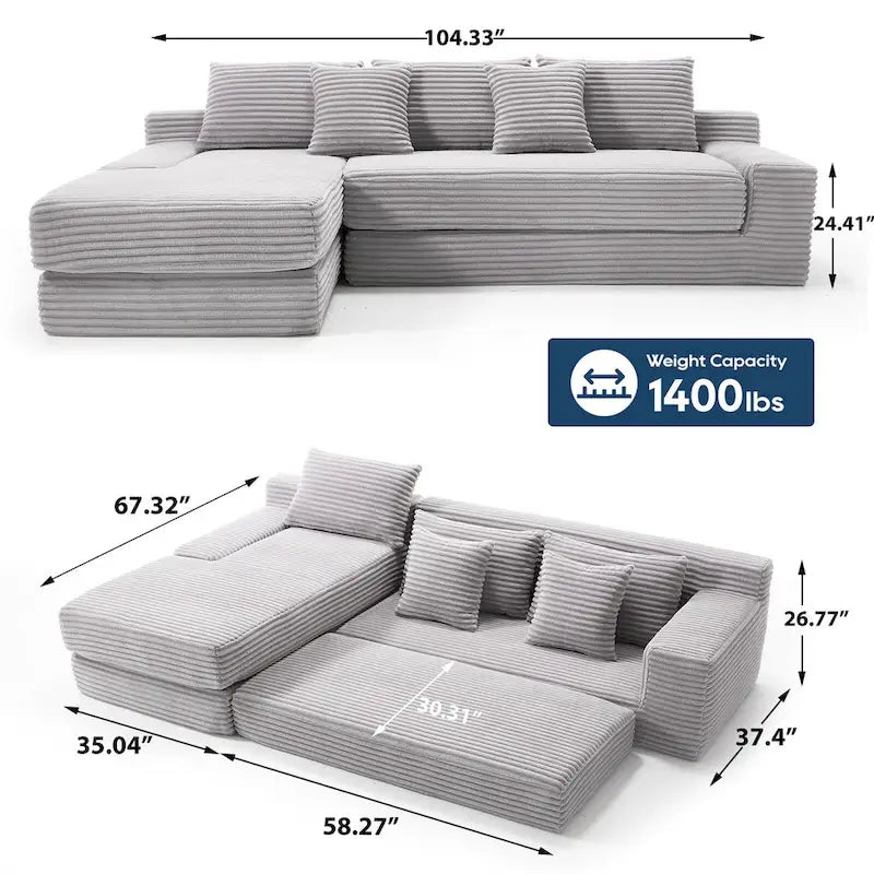 Sofá Cama Seccional Esquinero de Pana (Gris Claro / Naranja / Negro) – Convertible, Asientos para 3+