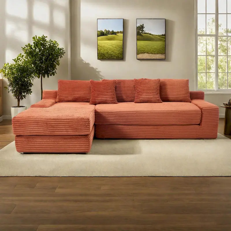 Sofá Cama Seccional Esquinero de Pana (Gris Claro / Naranja / Negro) – Convertible, Asientos para 3+