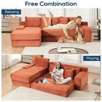 Sofá Cama Seccional Esquinero de Pana (Gris Claro / Naranja / Negro) – Convertible, Asientos para 3+