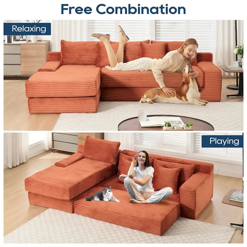 Sofá Cama Seccional Esquinero de Pana (Gris Claro / Naranja / Negro) – Convertible, Asientos para 3+