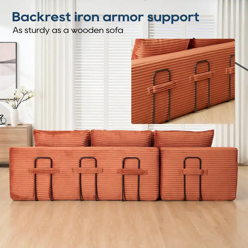 Sofá Cama Seccional Esquinero de Pana (Gris Claro / Naranja / Negro) – Convertible, Asientos para 3+