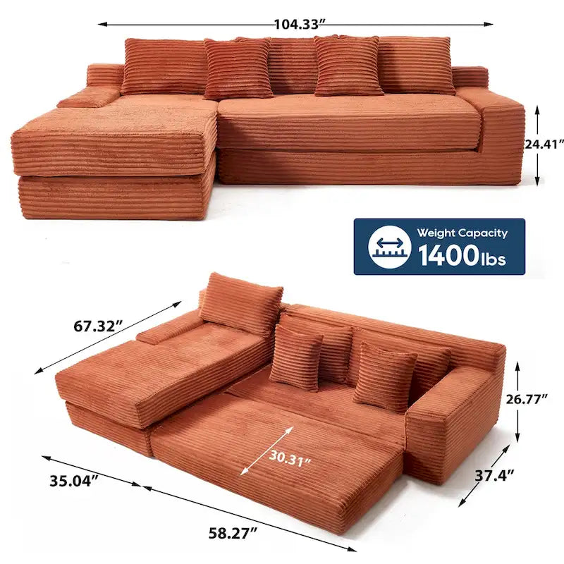 Sofá Cama Seccional Esquinero de Pana (Gris Claro / Naranja / Negro) – Convertible, Asientos para 3+