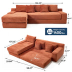 Sofá Cama Seccional Esquinero de Pana (Gris Claro / Naranja / Negro) – Convertible, Asientos para 3+
