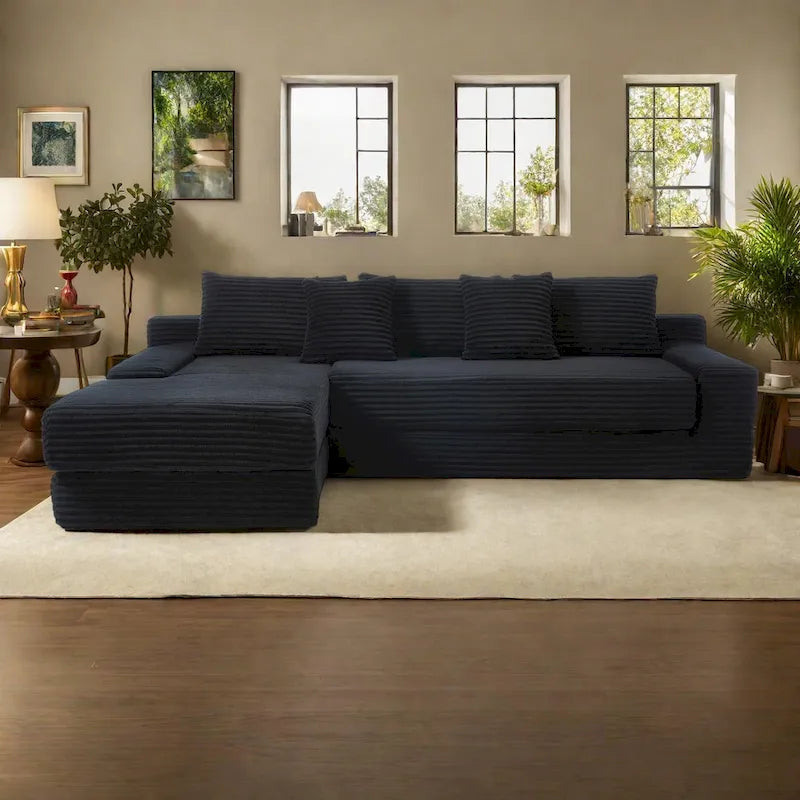 Sofá Cama Seccional Esquinero de Pana (Gris Claro / Naranja / Negro) – Convertible, Asientos para 3+