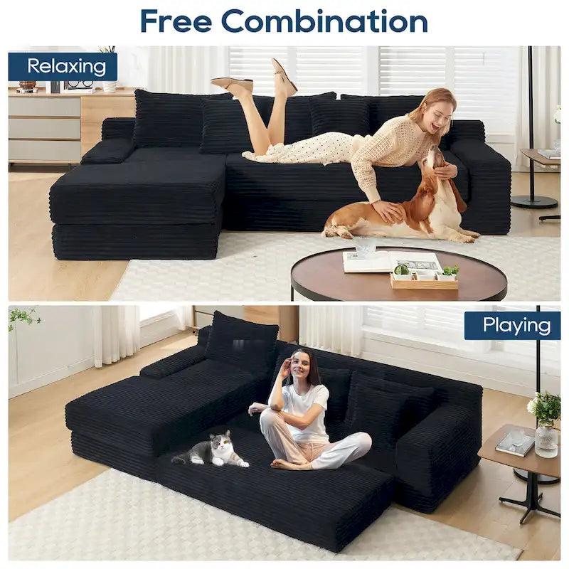 Sofá Cama Seccional Esquinero de Pana (Gris Claro / Naranja / Negro) – Convertible, Asientos para 3+