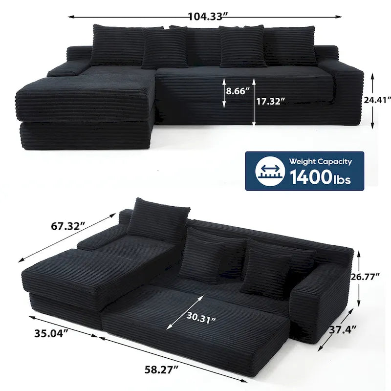 Sofá Cama Seccional Esquinero de Pana (Gris Claro / Naranja / Negro) – Convertible, Asientos para 3+