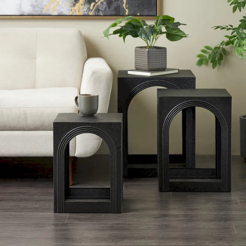 Mesas nido decorativas de hierro negro con recortes arqueados, juego de 3
