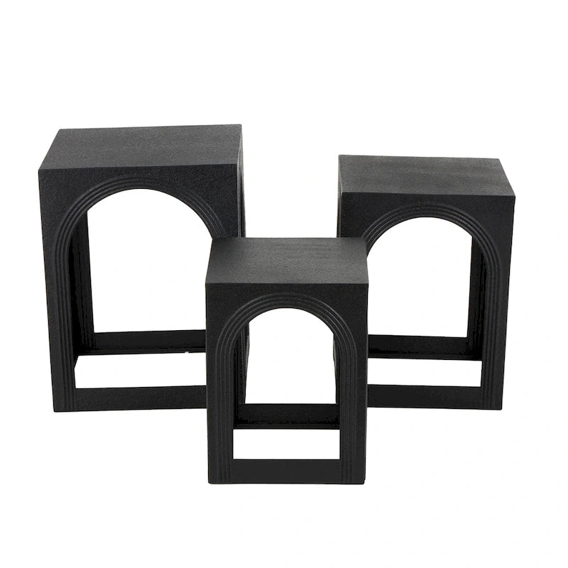 Mesas nido decorativas de hierro negro con recortes arqueados, juego de 3