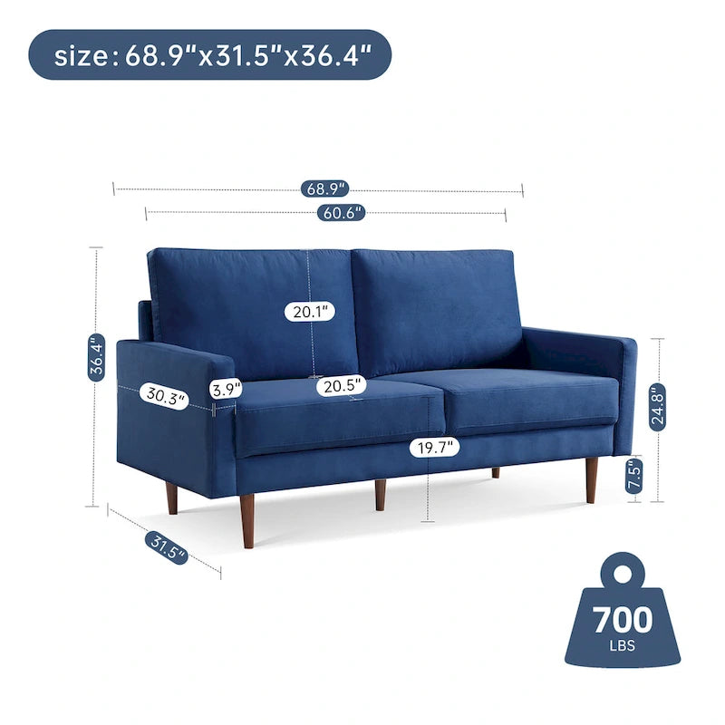 Sofá de 2 plazas de terciopelo de 69" con brazos cuadrados – Negro / Gris / Beige / Azul