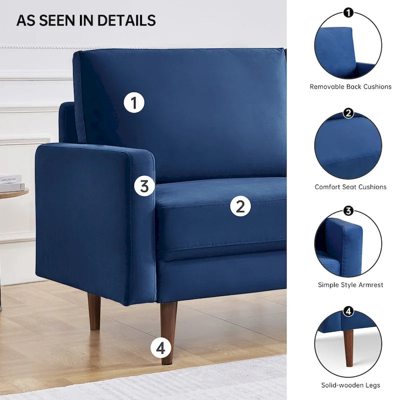 Sofá de 2 plazas de terciopelo de 69" con brazos cuadrados – Negro / Gris / Beige / Azul