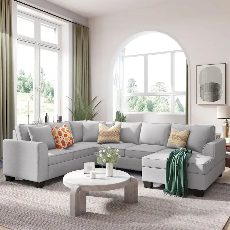 Sofá seccional en forma de U, gris/azul/gris oscuro, 3 plazas con chaise longue, capacidad para 5-7 personas