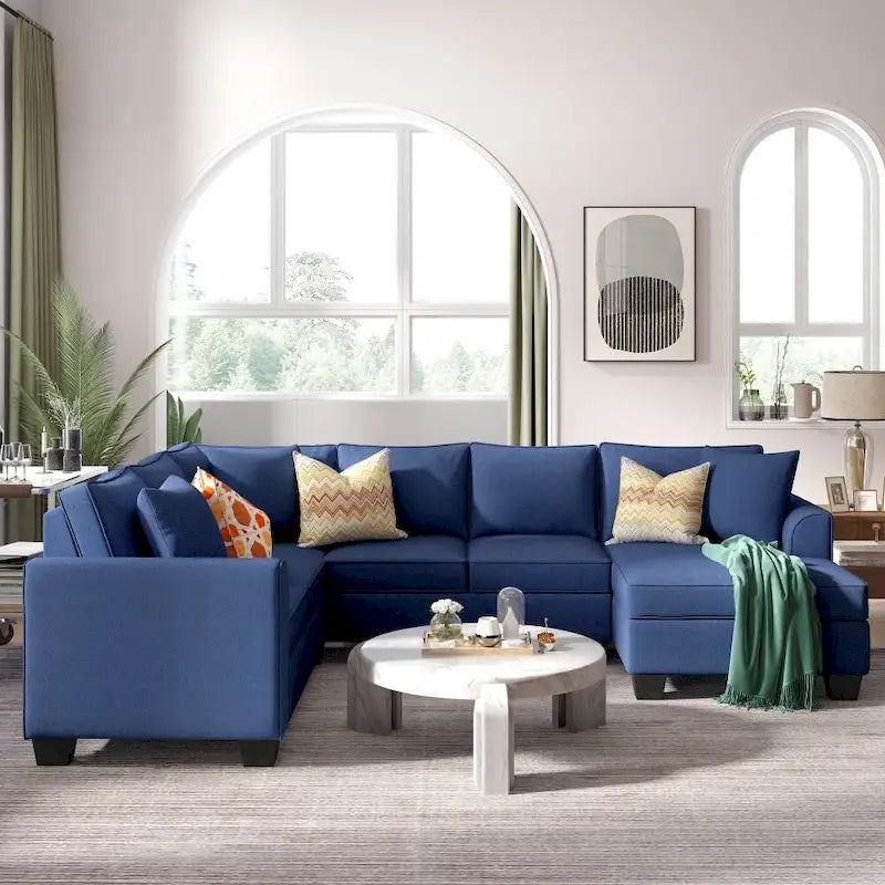 Sofá seccional en forma de U, gris/azul/gris oscuro, 3 plazas con chaise longue, capacidad para 5-7 personas