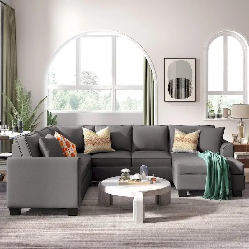 Sofá seccional en forma de U, gris/azul/gris oscuro, 3 plazas con chaise longue, capacidad para 5-7 personas