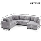 Sofá seccional en forma de U, gris/azul/gris oscuro, 3 plazas con chaise longue, capacidad para 5-7 personas