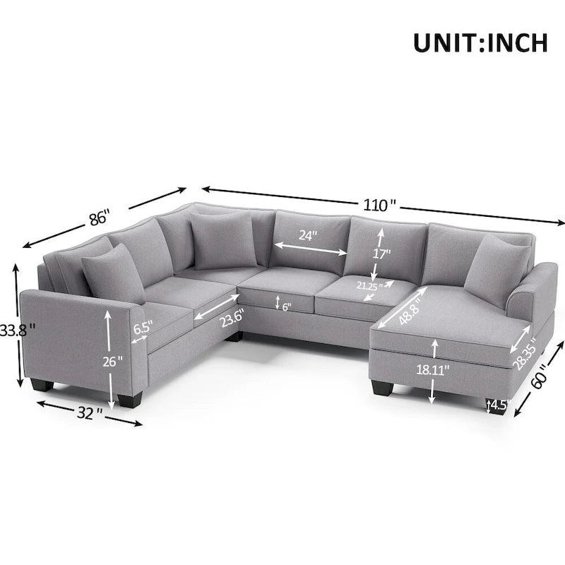 Sofá seccional en forma de U, gris/azul/gris oscuro, 3 plazas con chaise longue, capacidad para 5-7 personas