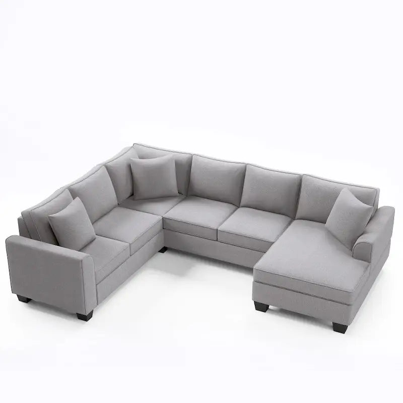 Sofá seccional en forma de U, gris/azul/gris oscuro, 3 plazas con chaise longue, capacidad para 5-7 personas