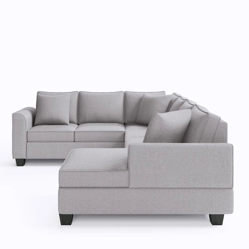 Sofá seccional en forma de U, gris/azul/gris oscuro, 3 plazas con chaise longue, capacidad para 5-7 personas
