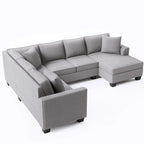 Sofá seccional en forma de U, gris/azul/gris oscuro, 3 plazas con chaise longue, capacidad para 5-7 personas