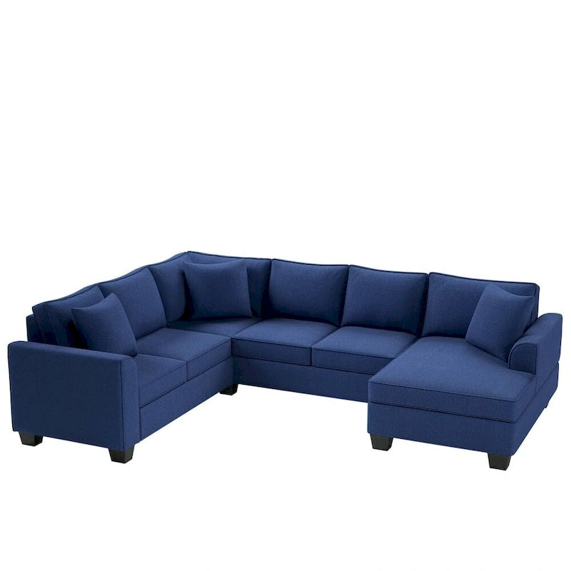 Sofá seccional en forma de U, gris/azul/gris oscuro, 3 plazas con chaise longue, capacidad para 5-7 personas