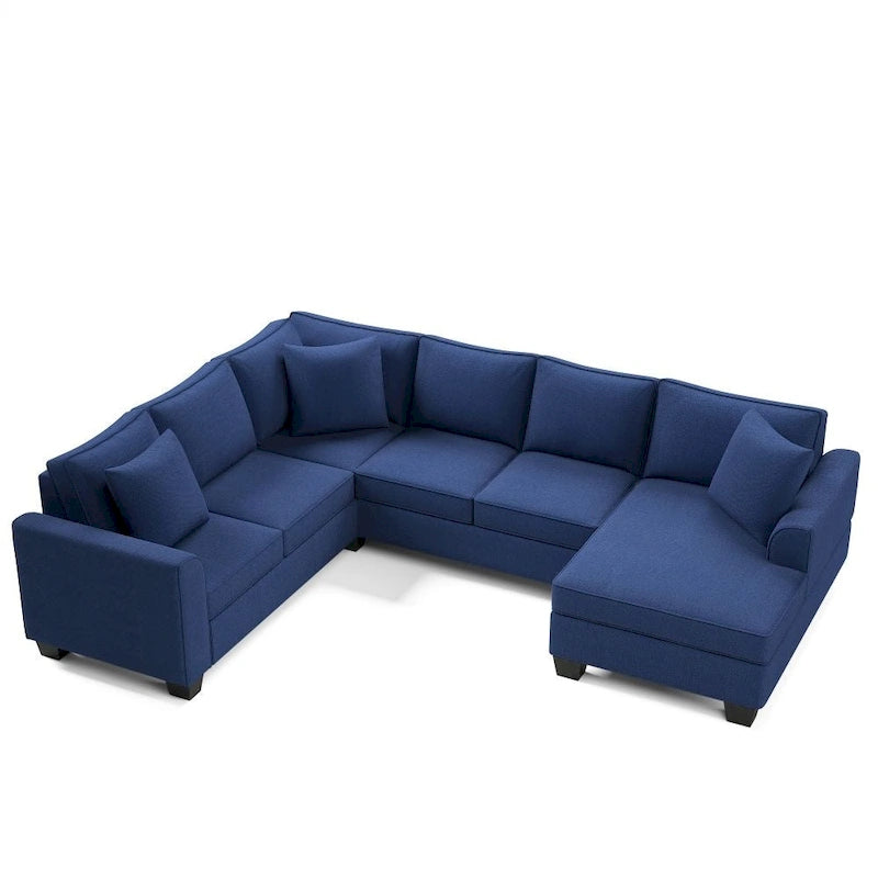 Sofá seccional en forma de U, gris/azul/gris oscuro, 3 plazas con chaise longue, capacidad para 5-7 personas