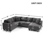 Sofá seccional en forma de U, gris/azul/gris oscuro, 3 plazas con chaise longue, capacidad para 5-7 personas