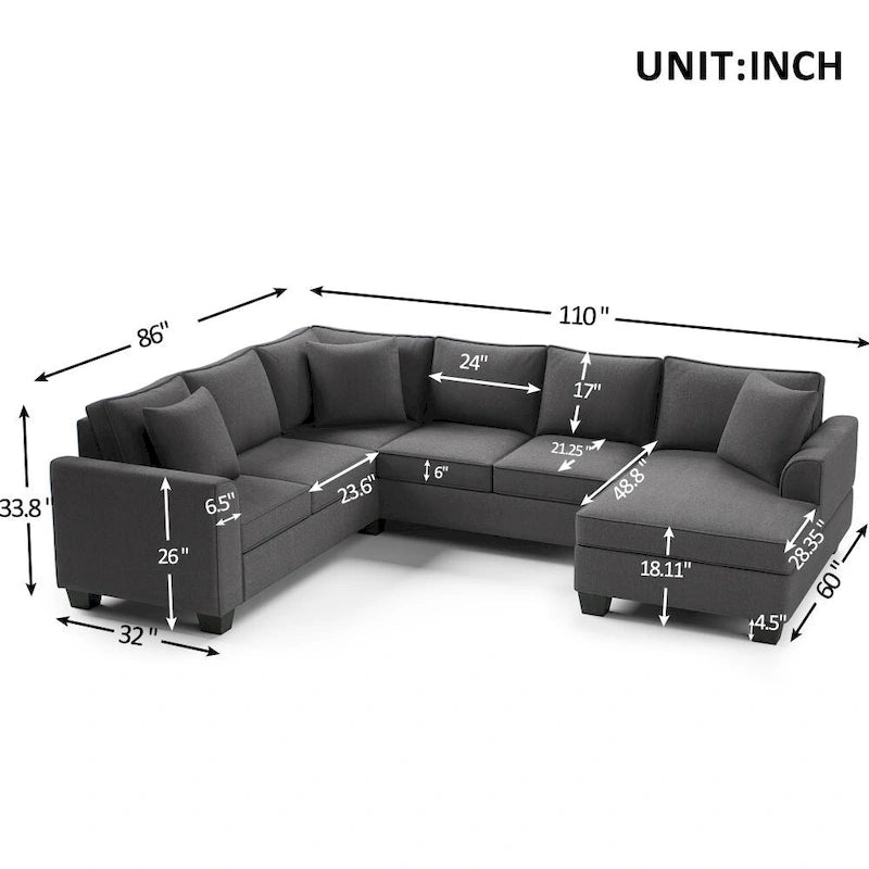 Sofá seccional en forma de U, gris/azul/gris oscuro, 3 plazas con chaise longue, capacidad para 5-7 personas