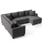 Sofá seccional en forma de U, gris/azul/gris oscuro, 3 plazas con chaise longue, capacidad para 5-7 personas