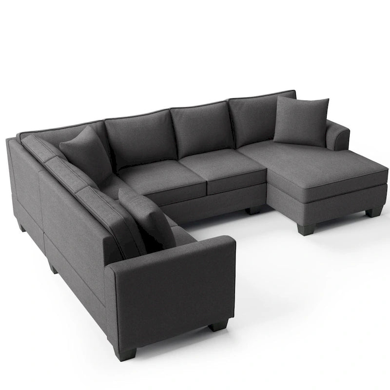 Sofá seccional en forma de U, gris/azul/gris oscuro, 3 plazas con chaise longue, capacidad para 5-7 personas