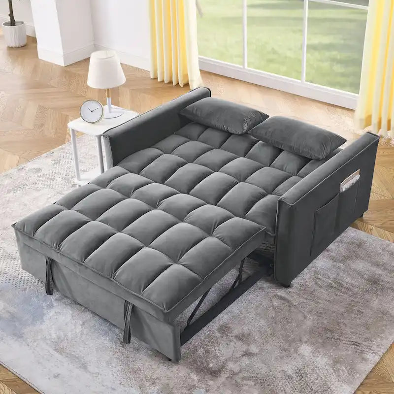 Sofá cama convertible de terciopelo gris/negro, 2 plazas