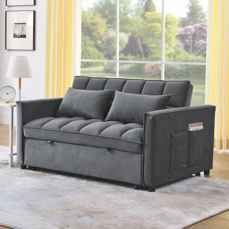 Sofá cama convertible de terciopelo gris/negro, 2 plazas