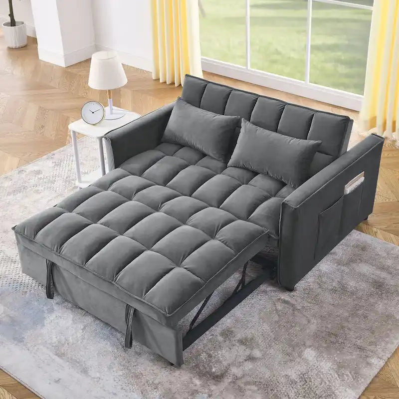 Sofá cama convertible de terciopelo gris/negro, 2 plazas