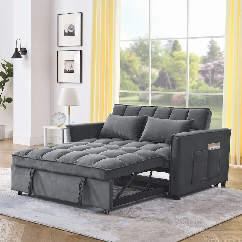 Sofá cama convertible de terciopelo gris/negro, 2 plazas
