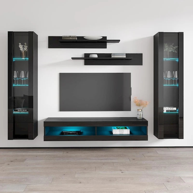 Mueble de TV flotante de pared con luces LED en blanco/negro/roble – Montaje para 1 persona