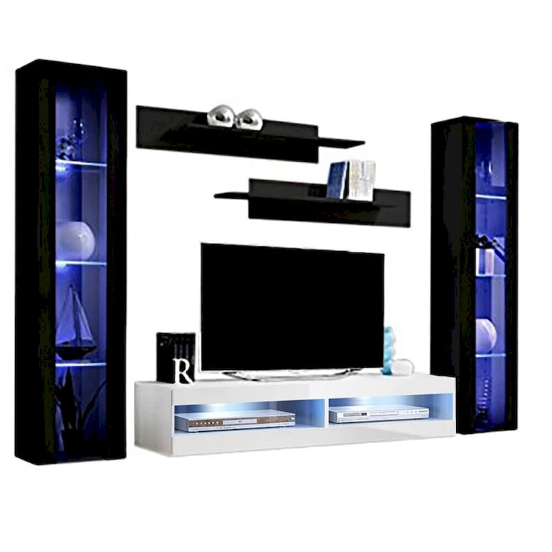 Mueble de TV flotante de pared con luces LED en blanco/negro/roble – Montaje para 1 persona