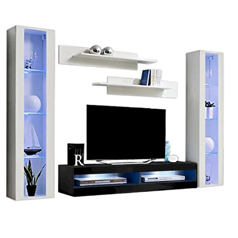 Mueble de TV flotante de pared con luces LED en blanco/negro/roble – Montaje para 1 persona