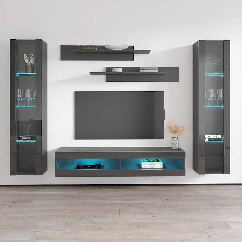 Mueble de TV flotante de pared con luces LED en blanco/negro/roble – Montaje para 1 persona