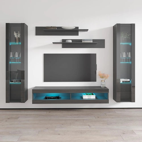 Mueble de TV flotante de pared con luces LED en blanco/negro/roble – Montaje para 1 persona