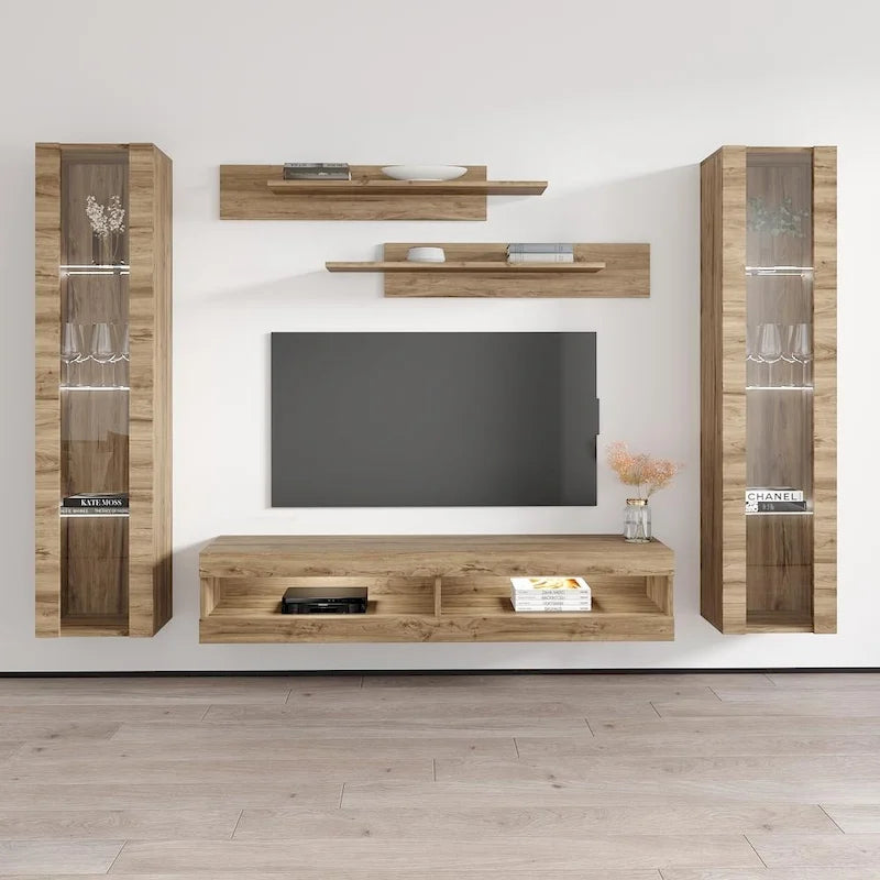 Mueble de TV flotante de pared con luces LED en blanco/negro/roble – Montaje para 1 persona