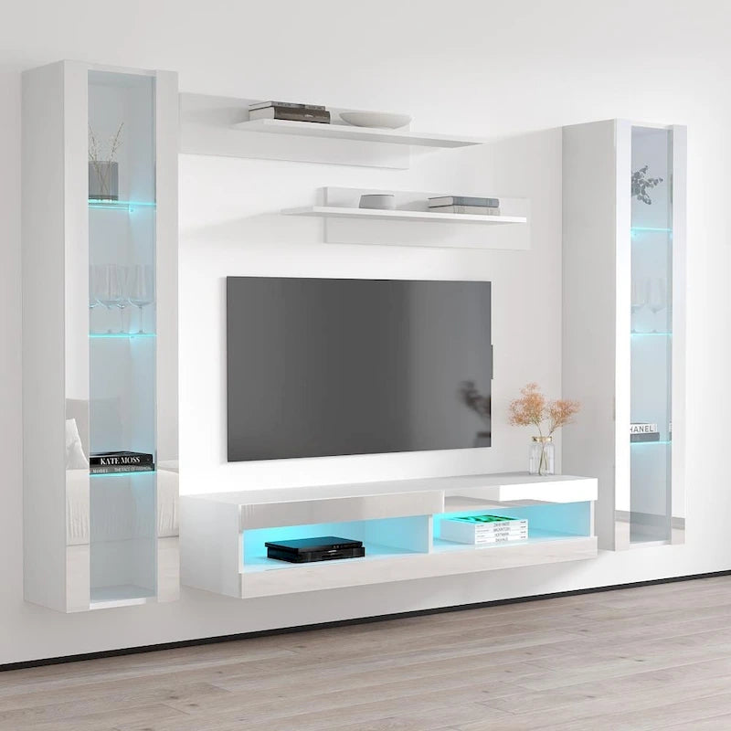 Mueble de TV flotante de pared con luces LED en blanco/negro/roble – Montaje para 1 persona
