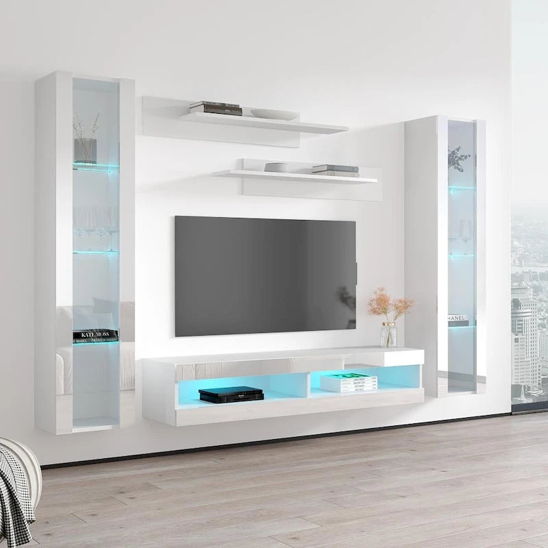 Mueble de TV flotante de pared con luces LED en blanco/negro/roble – Montaje para 1 persona