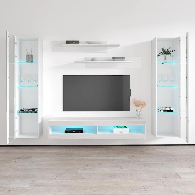 Mueble de TV flotante de pared con luces LED en blanco/negro/roble – Montaje para 1 persona