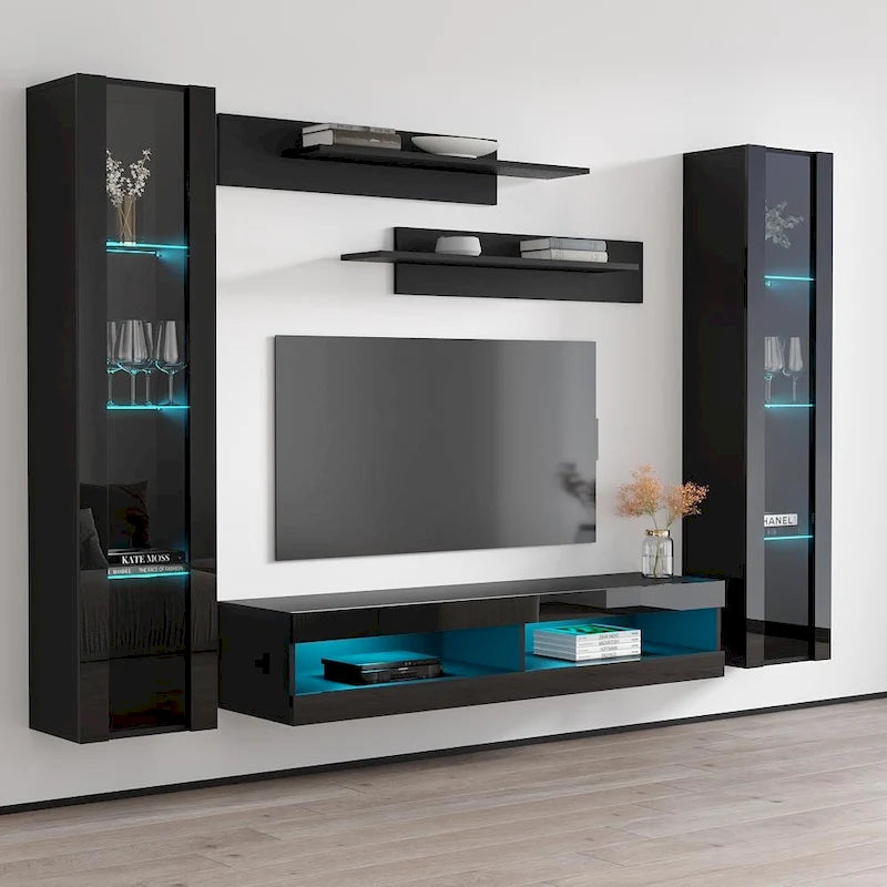 Mueble de TV flotante de pared con luces LED en blanco/negro/roble – Montaje para 1 persona