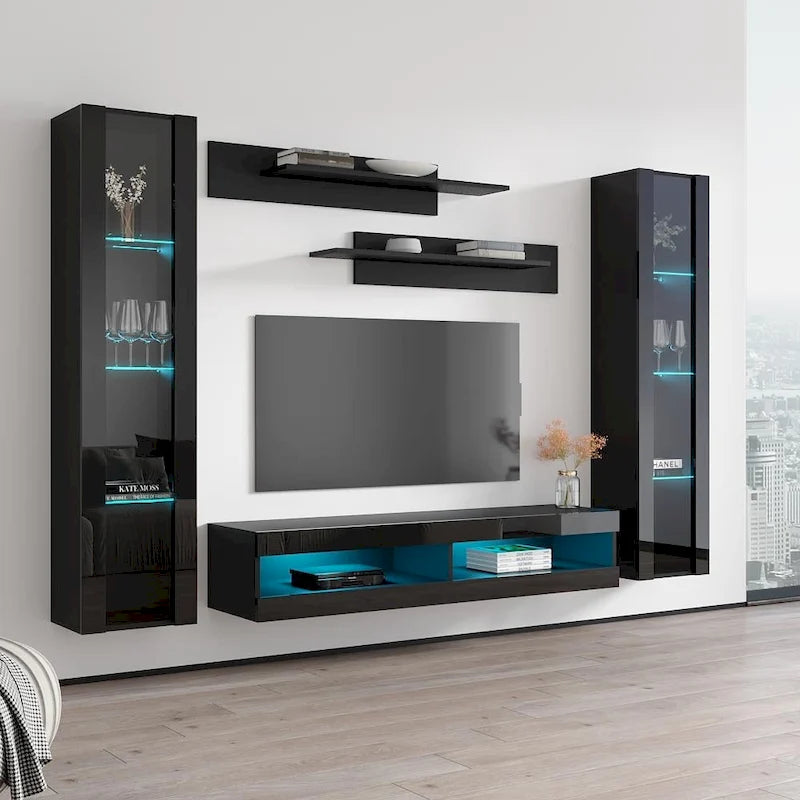 Mueble de TV flotante de pared con luces LED en blanco/negro/roble – Montaje para 1 persona