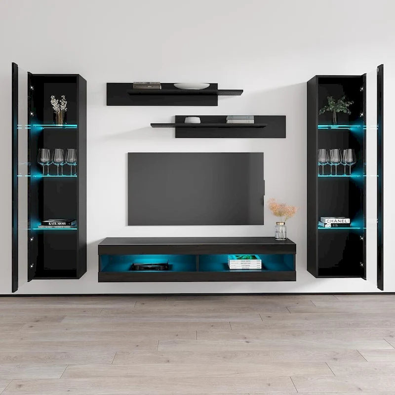 Mueble de TV flotante de pared con luces LED en blanco/negro/roble – Montaje para 1 persona